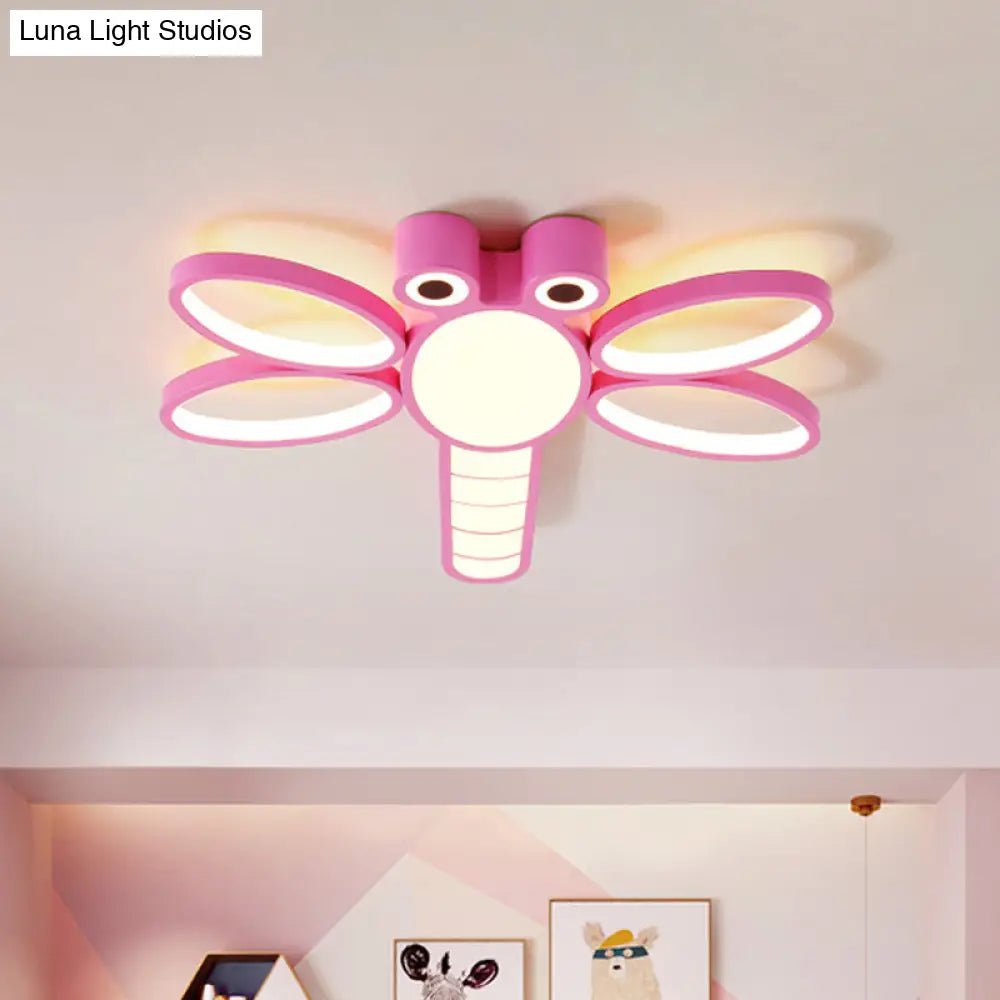 Iron Dragonfly Flush - Mount Cartoon Led Ceiling Light - Pink/Blue With Warm/White Lighting