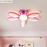 Iron Dragonfly Flush - Mount Cartoon Led Ceiling Light - Pink/Blue With Warm/White Lighting