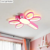 Iron Dragonfly Flush - Mount Cartoon Led Ceiling Light - Pink/Blue With Warm/White Lighting