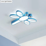 Iron Dragonfly Flush - Mount Cartoon Led Ceiling Light - Pink/Blue With Warm/White Lighting
