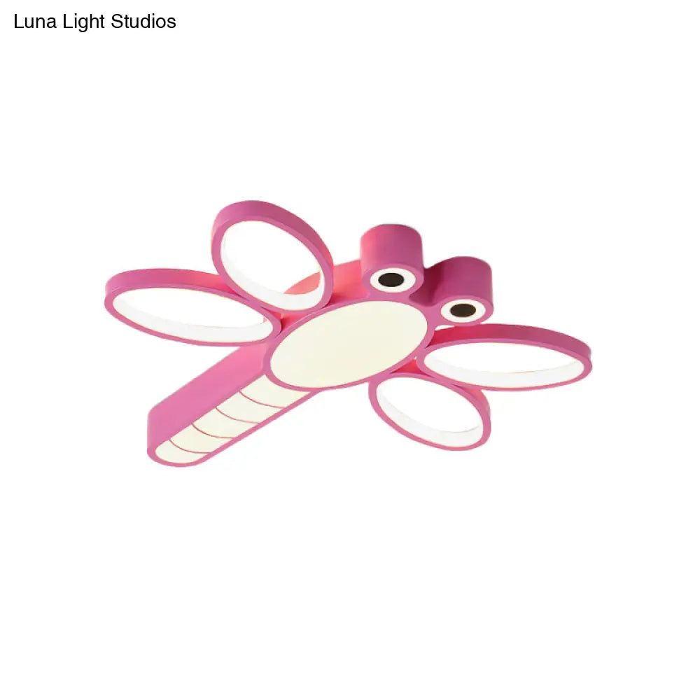 Iron Dragonfly Flush - Mount Cartoon Led Ceiling Light - Pink/Blue With Warm/White Lighting