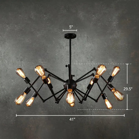 Iron Exposed Bulb Chandelier - Loft Style Restaurant Hanging Lamp With Swing Arm In Black 12 /
