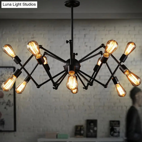 Iron Exposed Bulb Chandelier - Loft Style Restaurant Hanging Lamp With Swing Arm In Black