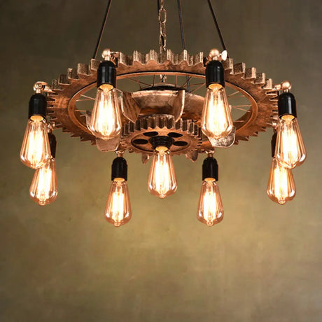 Iron Gear 9-Head Pendant Chandelier For Restaurant Kitchen Table - Industrial Style Light Fixture