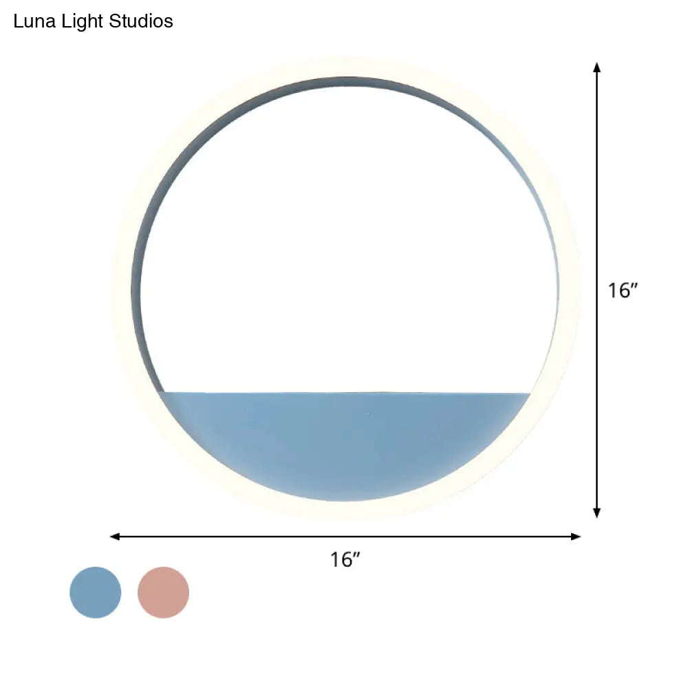 Iron Hoop Flush Mount Wall Light: Macaron Pink/Blue 12/16 Wide Led Sconce With Storage Rack