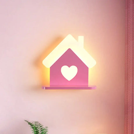 Iron House Kids Led Pink Wall Lamp With Heart Pattern In White/3 Color Light - Sconce