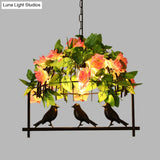 Iron Industrial Birdcage Island Pendant With Down Lighting And Rose Decoration - Black Finish