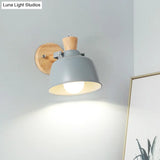 Iron Macaron Handle Wall Sconce Lamp - Bowl Bedside Light Fixture In Grey/Black With Wood Top