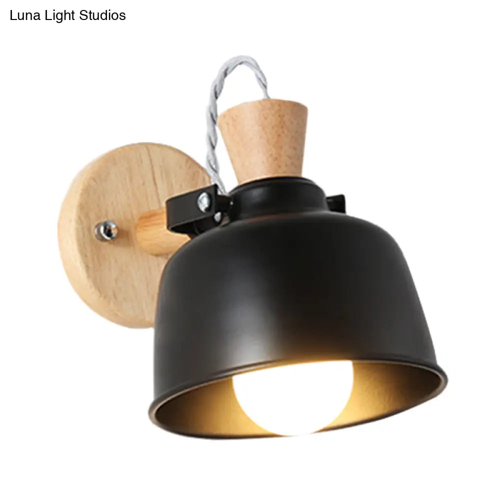 Iron Macaron Handle Wall Sconce Lamp - Bowl Bedside Light Fixture In Grey/Black With Wood Top