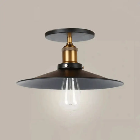 Iron Saucer Farmhouse Ceiling Mount Lamp - 1-Bulb Semi Flush Light Fixture In Black 8.5/10/12 Width