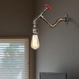 Iron Wall Lamp Industrial Style With Exposed Bulb & Red Valve - Aged Bronze Finish Antique