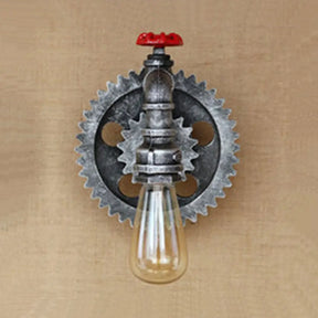 Iron Wall Lamp With Vintage Industrial Gear Design And Bare Bulb - Aged Silver