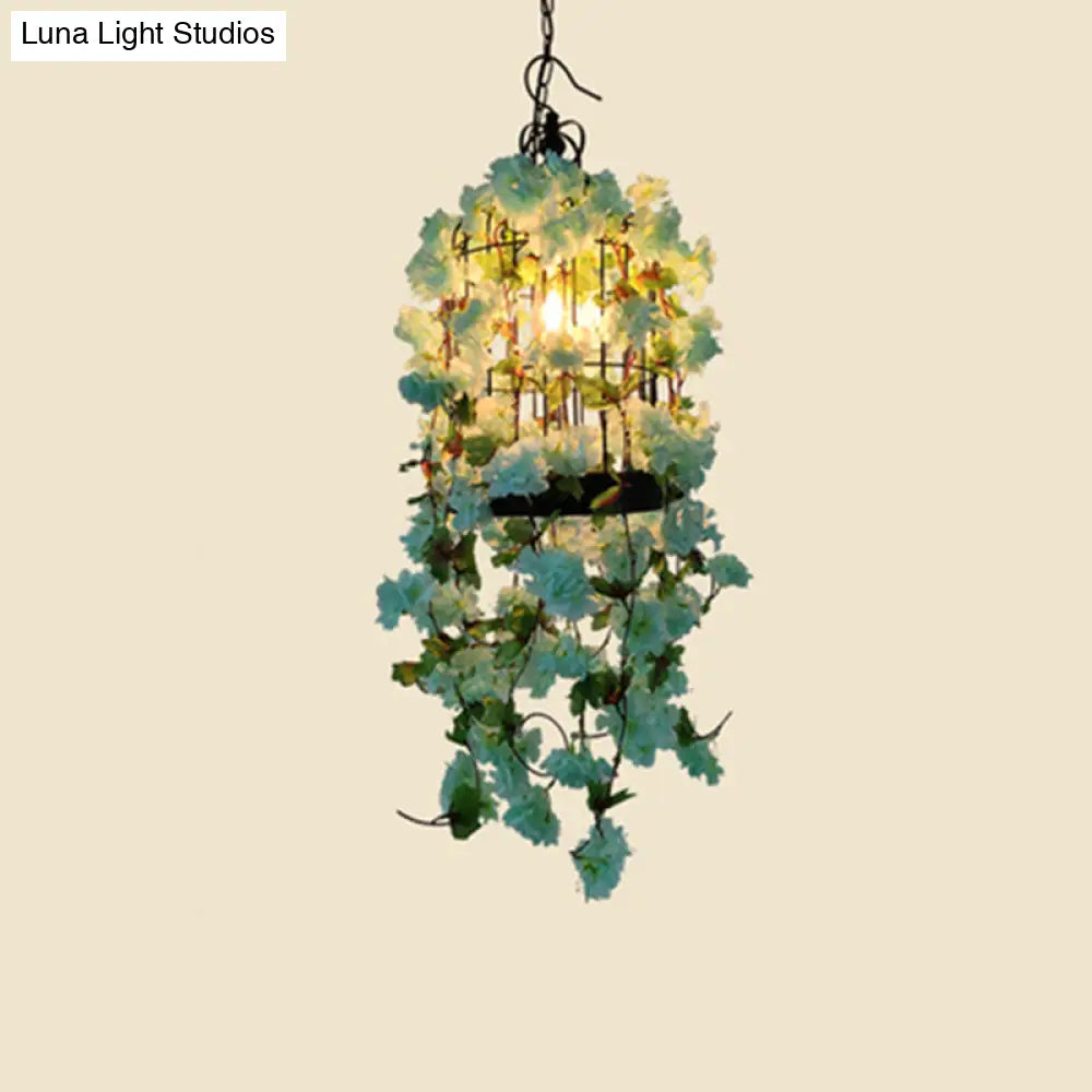 Iron Wire Birdcage Chandelier Lamp: Farmhouse Pendant Light With Artificial Flower