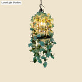 Iron Wire Birdcage Chandelier Lamp: Farmhouse Pendant Light With Artificial Flower
