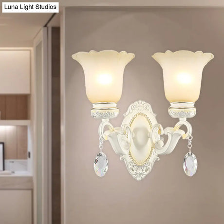 Ivory Flower Wall Sconce Light With White Glass And 1/2 Lights For Traditional Living Rooms