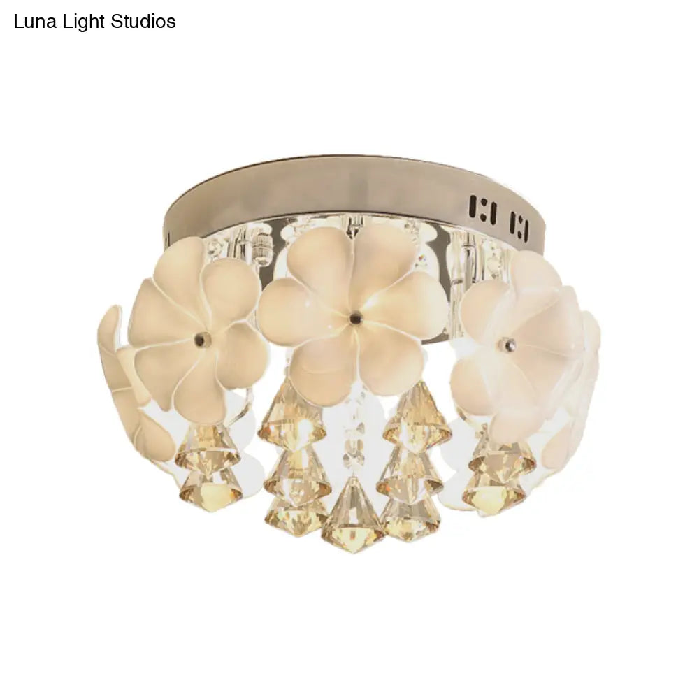 Ivory Glass Chrome Flush Mount Flower Ceiling Light With Diamond Crystal Drop
