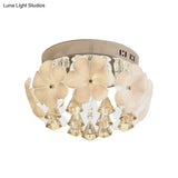Ivory Glass Chrome Flush Mount Flower Ceiling Light With Diamond Crystal Drop