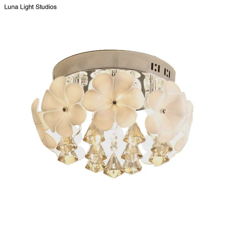 Ivory Glass Chrome Flush Mount Flower Ceiling Light With Diamond Crystal Drop