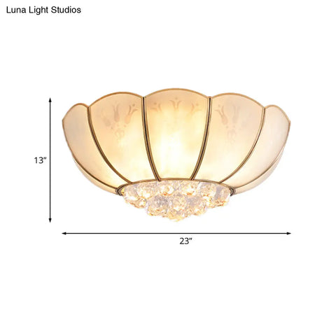 Ivory Glass Scallop Ceiling Fixture With Crystal Ball - Colonial 4/6 Bulbs Bedroom Flush Mount