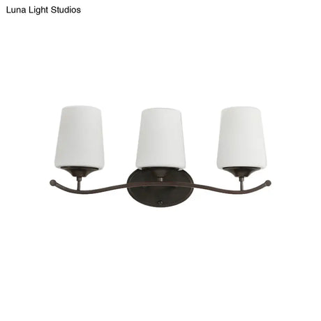Ivory Glass Vanity Lighting With Iron Wavy Arm - Traditional Black Tapered Wall Light For Bedroom