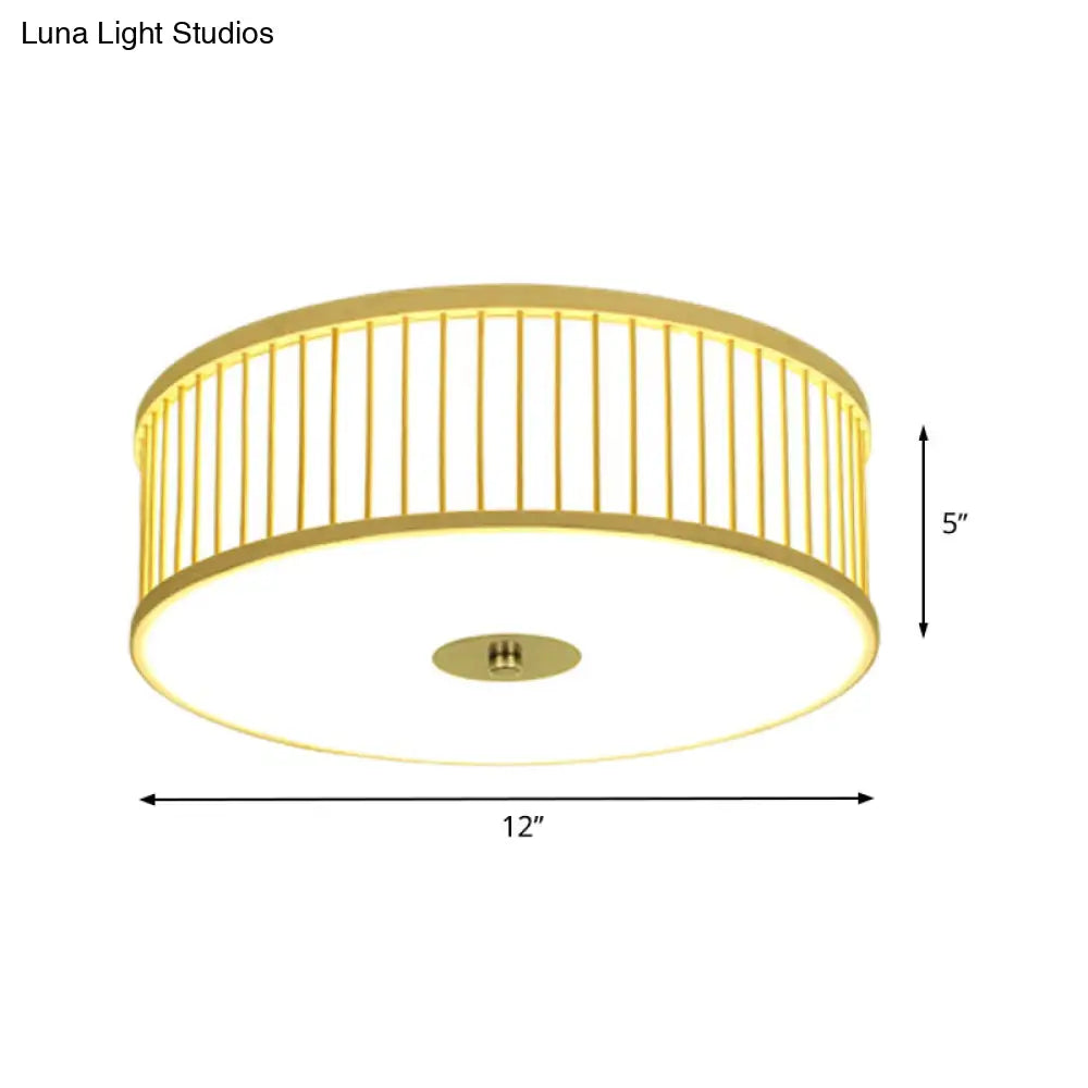 Japanese Bamboo Beige Led Cylinder Flush Mount Ceiling Light For Dining Room