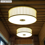 Japanese Bamboo Beige Led Cylinder Flush Mount Ceiling Light For Dining Room