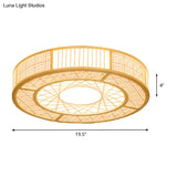 Japanese Bamboo Flushmount Ceiling Light With Handcrafted Wood Finish 3 Bulbs