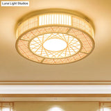 Japanese Bamboo Flushmount Ceiling Light With Handcrafted Wood Finish 3 Bulbs