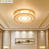 Japanese Bamboo Flushmount Ceiling Light With Handcrafted Wood Finish 3 Bulbs