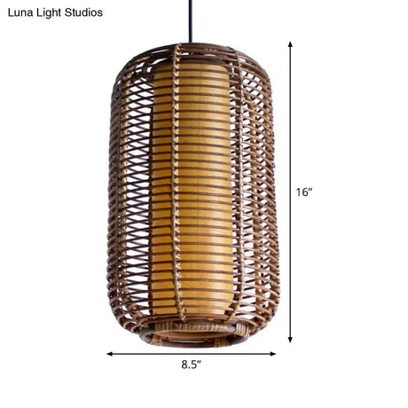 Japanese Bamboo Pendant Light - Cylindrical 1-Head Brown Suspended Lighting Fixture