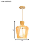 Japanese Beige Ceiling Pendant With Jug Wood Cage - 1-Light Dining Room Pendulum Light