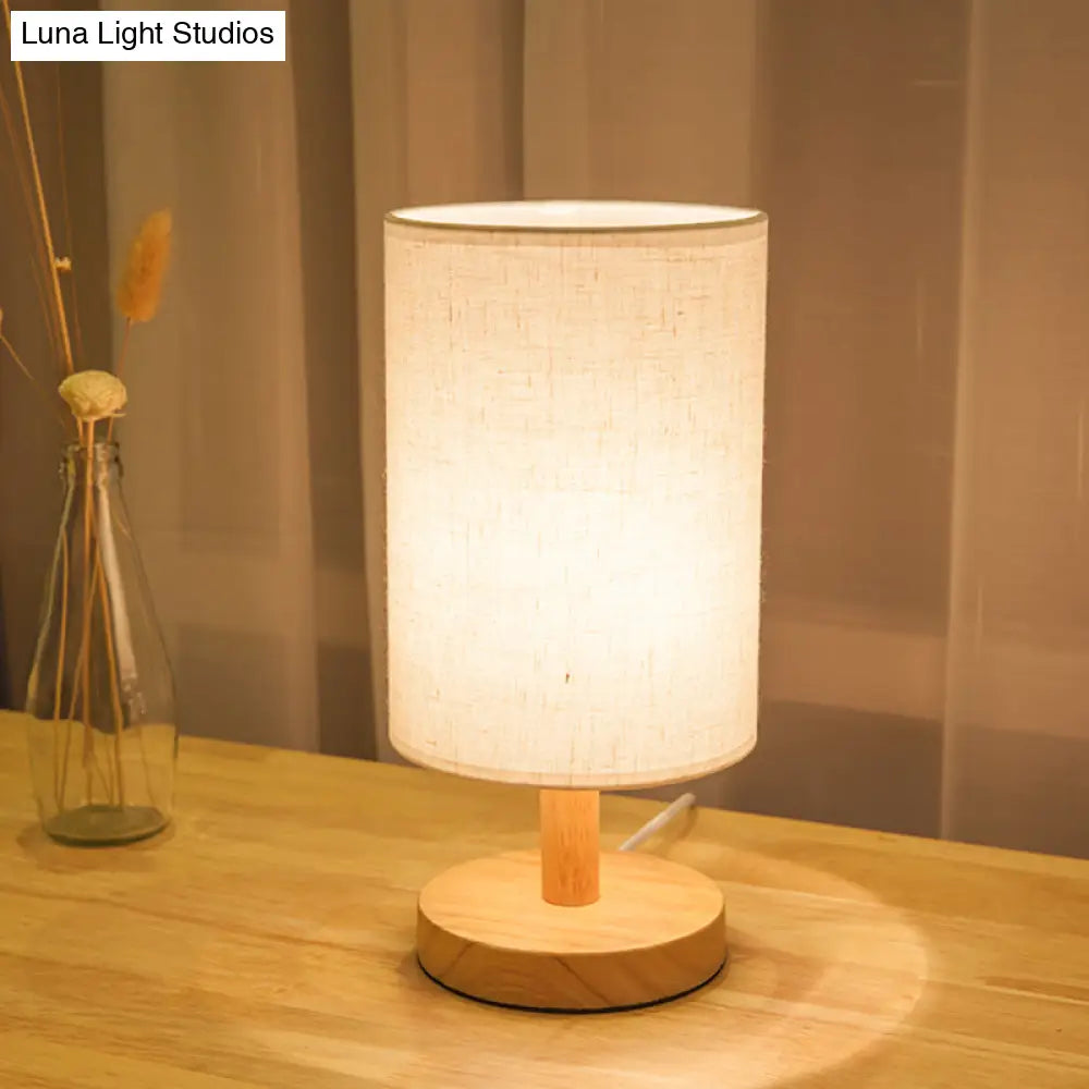 Japanese Cylinder Task Lamp: Fabric Reading Light - White/Flaxen Wood Base