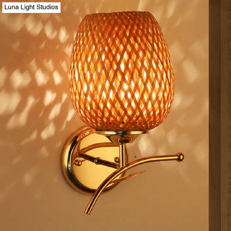 Japanese Handcrafted Bamboo Sconce Light - 1 Bulb Wall Mount In Brown For Stairway