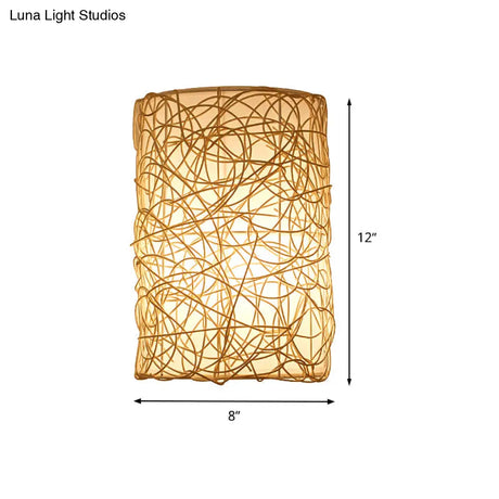 Japanese Rattan Half-Cylinder Wall Mounted Sconce Light Fixture In White