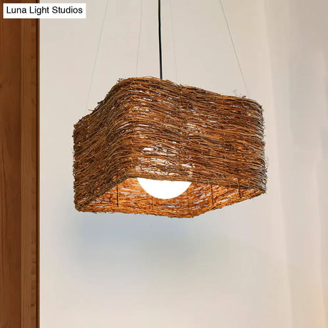 Japanese Rattan Pendant Light In Brown - Modern Rectangular Design