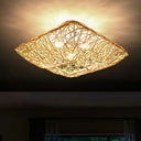 Japanese Rattan Square Flush Ceiling Light With 3 Heads – Wood Bedroom Mount Lighting / 16’