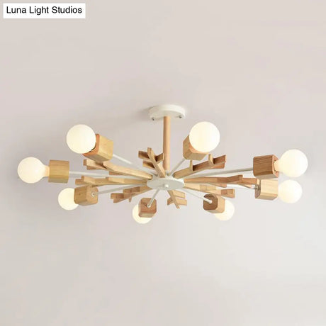 Japanese Style Beige Wood Chandelier - Snowflake Pendant Light For Bedroom