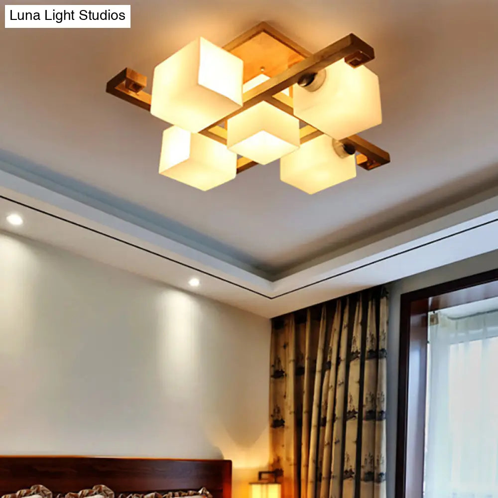 Japanese Style Cube Shade Led Flush Mount With Wood And Milk Glass - Perfect For Office Ceilings!