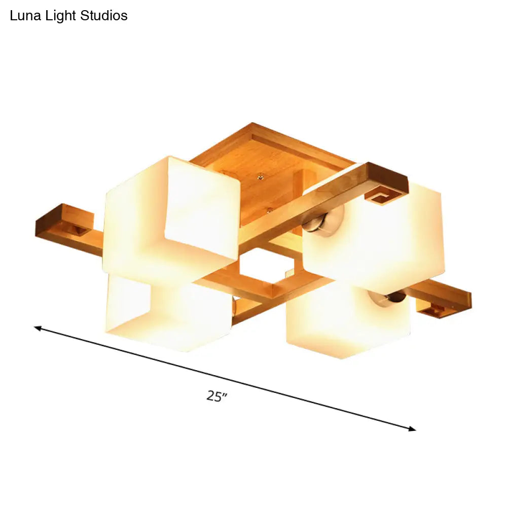 Japanese Style Cube Shade Led Flush Mount With Wood And Milk Glass - Perfect For Office Ceilings!
