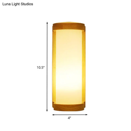 Japanese Style Cylinder Cream Glass Sconce - 1 Light Wood Wall Lamp Fixture For Corners