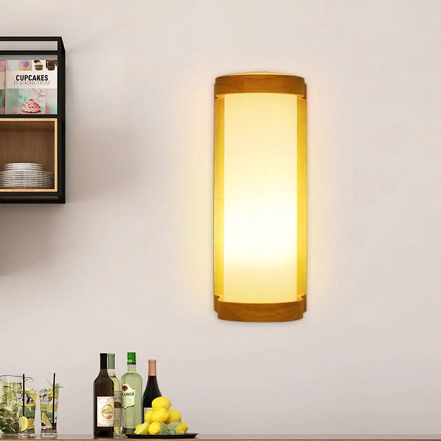 Japanese Style Cylinder Cream Glass Sconce - 1 Light Wood Wall Lamp Fixture For Corners