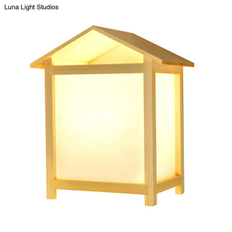 Japanese-Style Sconce Lamp With Parchment Shade - Wood House Shape Wall Light