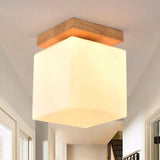 Japanese Style Wood & Glass Porch Cube Flush Ceiling Light - Stylish White Lamp / 4’