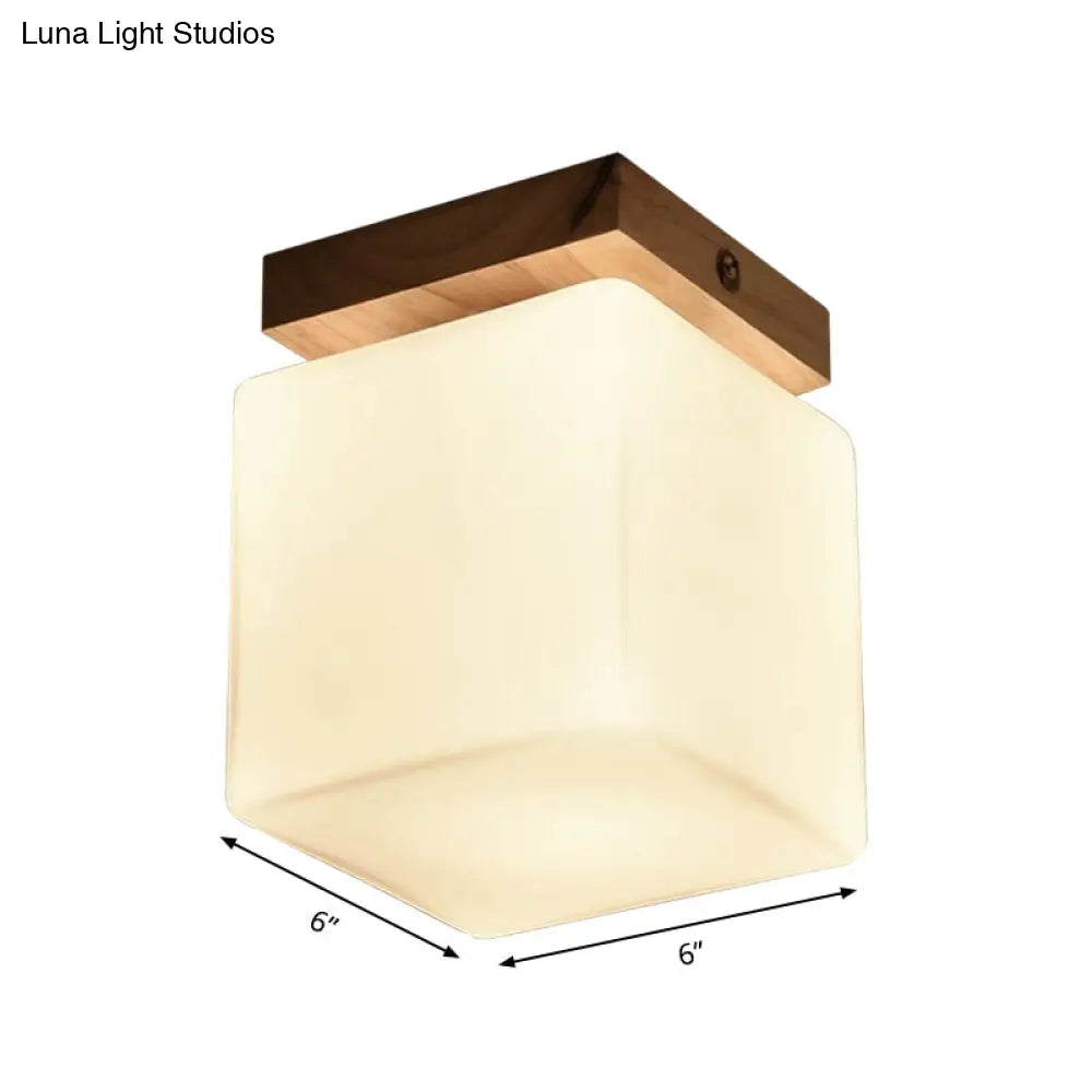 Japanese Style Wood & Glass Porch Cube Flush Ceiling Light - Stylish White Lamp