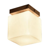Japanese Style Wood & Glass Porch Cube Flush Ceiling Light - Stylish White Lamp