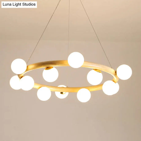 Japanese Style Wood Ring Pendant Light With Bubble Shade In Beige - Perfect For Study Room