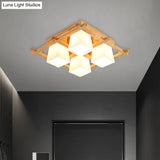 Japanese Style Wooden Checkerboard Flush Mount Ceiling Light In Beige For Study Room