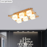 Japanese Style Wooden Checkerboard Flush Mount Ceiling Light In Beige For Study Room