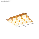 Japanese Style Wooden Checkerboard Flush Mount Ceiling Light In Beige For Study Room