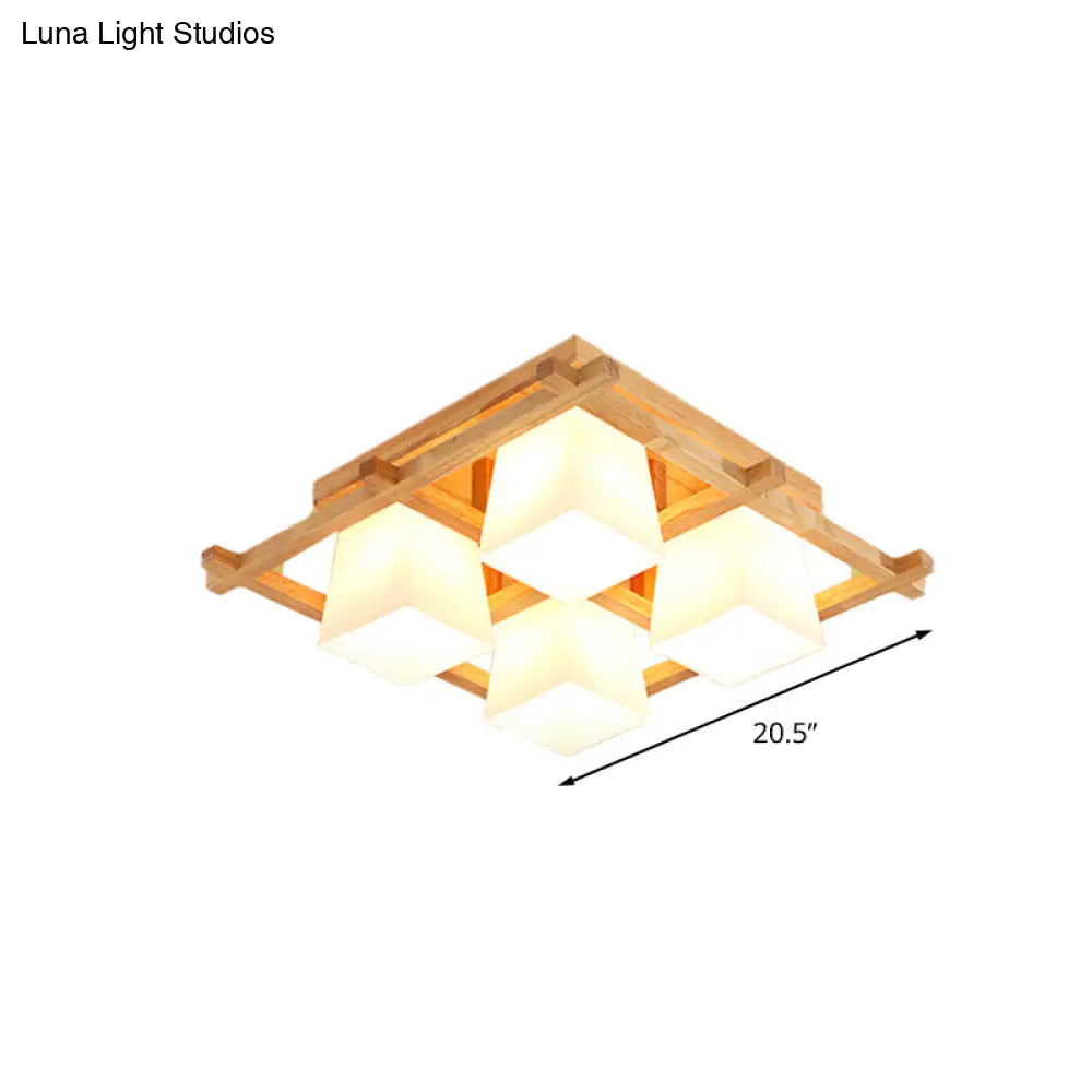 Japanese Style Wooden Checkerboard Flush Mount Ceiling Light In Beige For Study Room